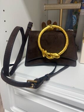 Aldo Dark Brown Suede Crossbody with Gold Ring Accent